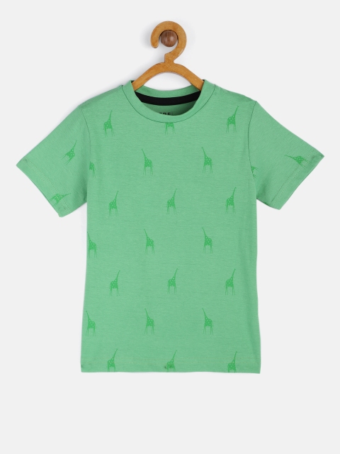 

HERE&NOW Boys Green Animal Printed Round Neck Regular Pure Cotton T-shirt