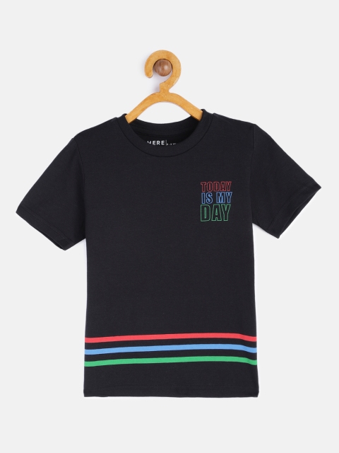 

HERE&NOW Boys Black Striped Round Neck Regular Placement Print Pure Cotton T-shirt