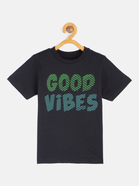 

HERE&NOW Boys Black Typography Printed Round Neck Regular Pure Cotton T-shirt