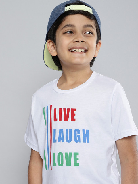 

HERE&NOW Boys White Typography Printed Round Neck Regular Pure Cotton T-shirt