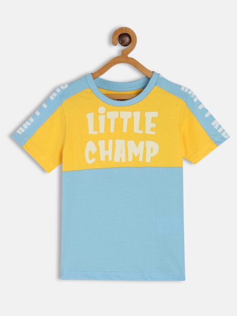 

HERE&NOW Boys Blue & Yellow Typography Printed Pure Cotton T-shirt