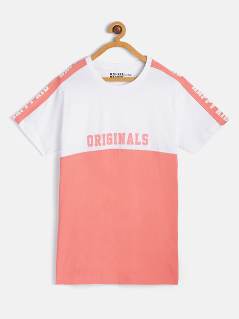 

HERE&NOW Boys White & Coral Pink Typography Printed Round Neck Regular Cotton T-shirt