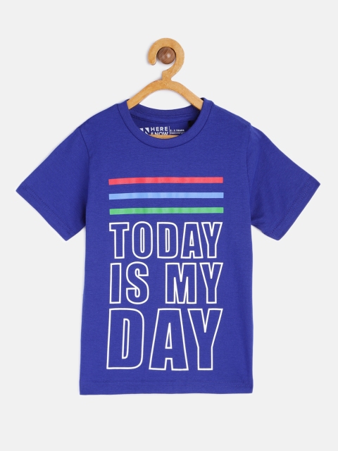 

HERE&NOW Boys Blue Typography Printed Round Neck Regular Pure Cotton T-shirt