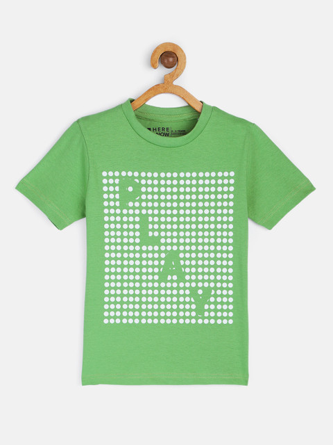 

HERE&NOW Boys Green Typography Printed Round Neck Pure Cotton Regular Fit T-shirt