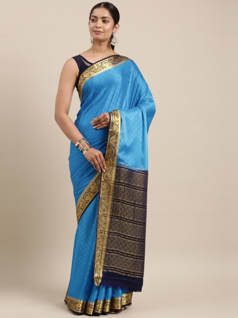 

The Chennai Silks Blue & Gold-Toned Floral Fusion Saree