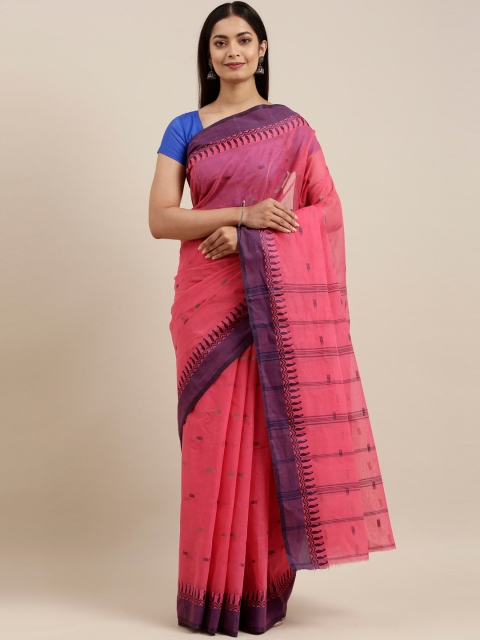 

The Chennai Silks Pink & Blue Ethnic Motifs Pure Cotton Fusion Taant Saree