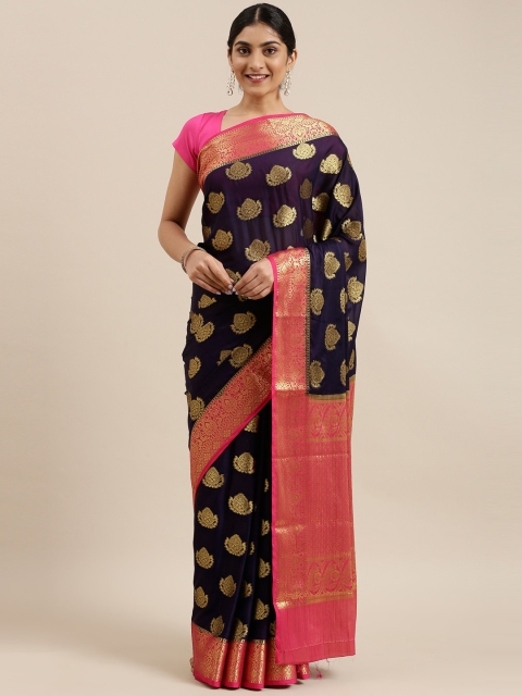 

The Chennai Silks Navy Blue & Gold-Toned Woven Design Zari Fusion Saree