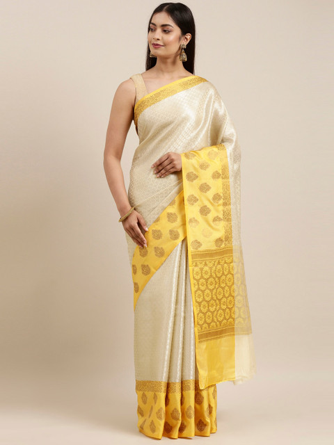 

The Chennai Silks Off White & Yellow Woven Design Zari Organza Fusion Banarasi Saree