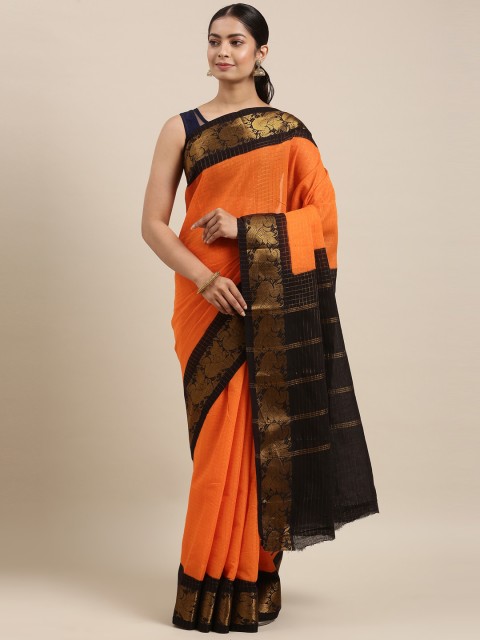 

The Chennai Silks Orange & Black Checked Zari Pure Cotton Fusion Sungudi Saree