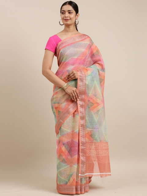 

The Chennai Silks Peach-Coloured & White Zari Linen Blend Fusion Saree