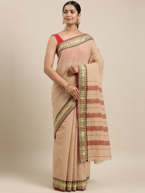 

The Chennai Silks Beige & Maroon Pure Cotton Fusion Chettinad Saree