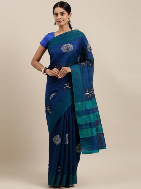 

The Chennai Silks Blue & Green Ethnic Motifs Embroidered Jute Cotton Fusion Saree