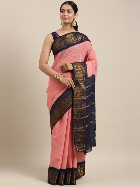 

The Chennai Silks Rose & Navy Blue Checked Zari Pure Cotton Fusion Sungudi Saree
