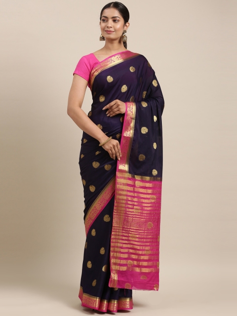 

The Chennai Silks Navy Blue & Pink Ethnic Motifs Fusion Saree