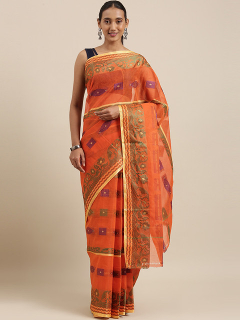 

The Chennai Silks Orange & Purple Woven Design Zari Pure Cotton Fusion Taant Saree