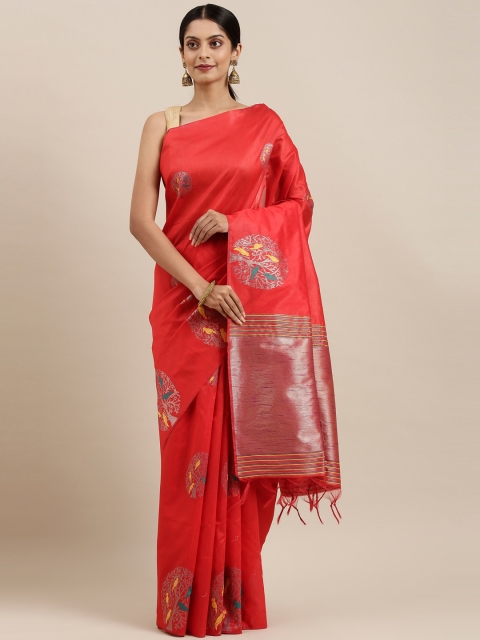 

The Chennai Silks Red & Silver-Toned Floral Fusion Saree