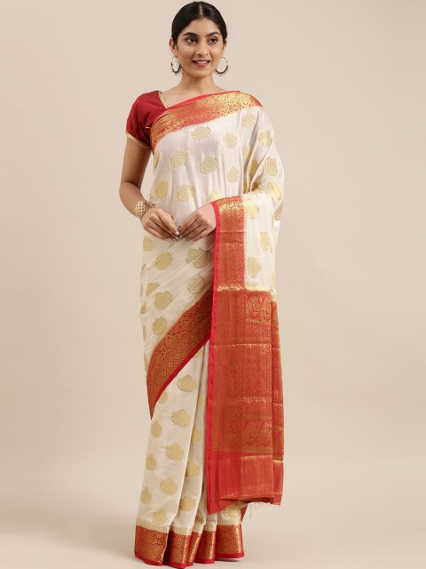 

The Chennai Silks Cream-Coloured & Red Ethnic Motifs Fusion Saree