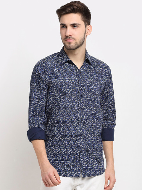 

JAINISH Men Navy Blue & White Opaque Printed Pure Cotton Casual Shirt