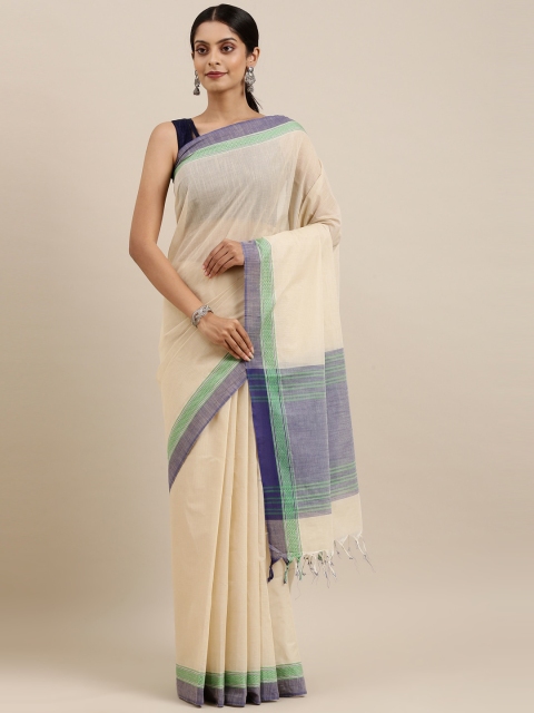 

The Chennai Silks Beige & Blue Handloom Pure Cotton Saree