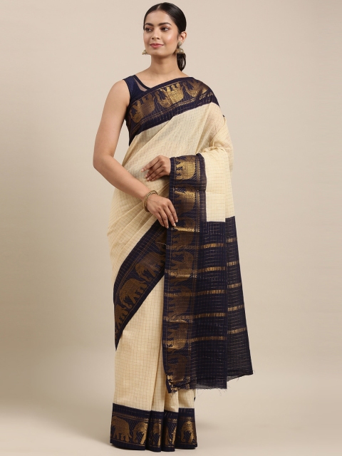 

The Chennai Silks Off White & Navy Blue Checked Pure Cotton Sungudi Saree