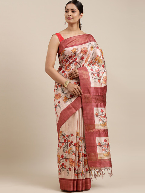

The Chennai Silks Beige & Maroon Floral Printed Saree