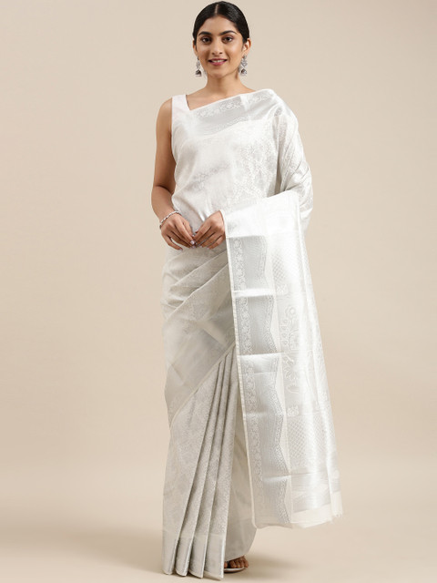 

The Chennai Silks Off White & Silver-Toned Ethnic Motifs Brocade Saree