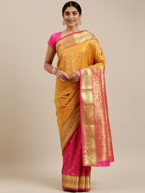 

The Chennai Silks Mustard & Fuchsia Ethnic Motifs Brocade Saree