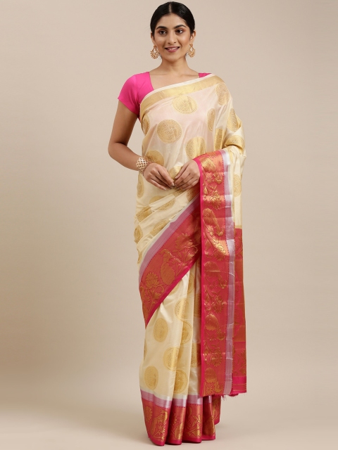 

The Chennai Silks Cream-Coloured & Magenta Ethnic Motifs Saree