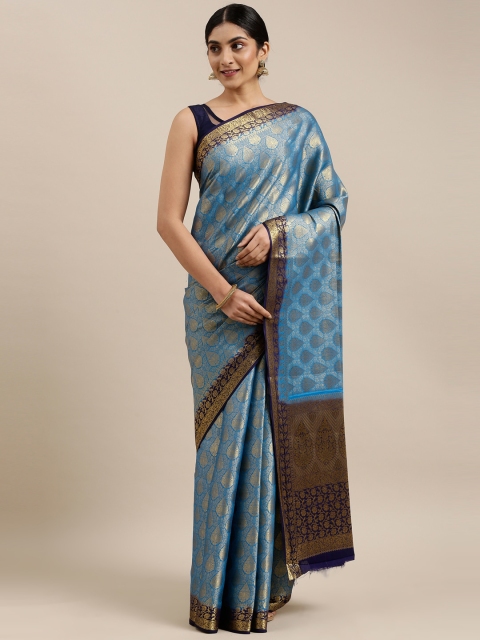 

The Chennai Silks Blue & Gold-Toned Ethnic Motifs Zari Brocade Saree