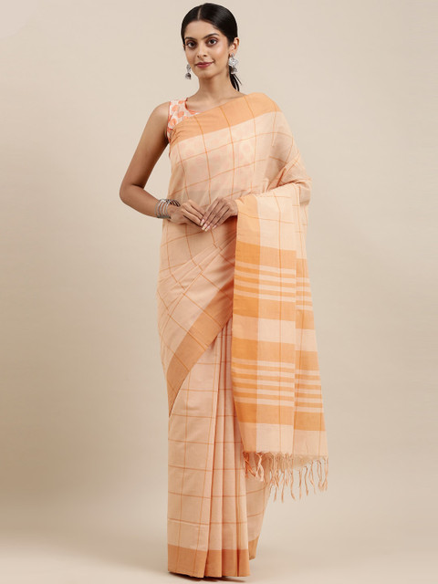 

The Chennai Silks Beige & Orange Checked Pure Cotton Venkatgiri Saree