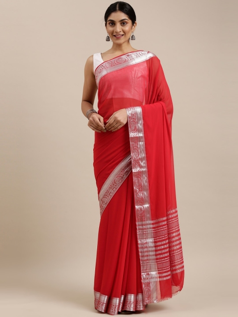 

The Chennai Silks Red & Silver-Toned Zari Border Saree