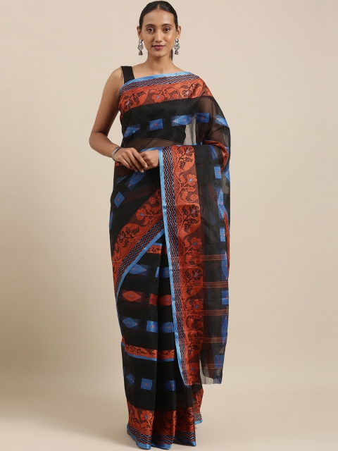 

The Chennai Silks Black & Blue Woven Design Bengal Cotton Taant Saree