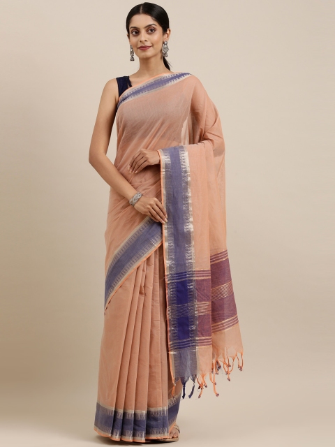 

The Chennai Silks Brown & Navy Blue Zari Handloom Pure Cotton Saree