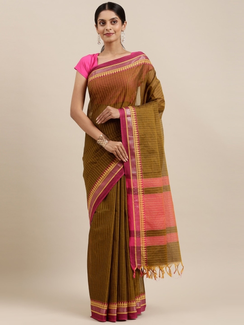 

The Chennai Silks Olive Green & Pink Striped Handloom Pure Cotton Saree