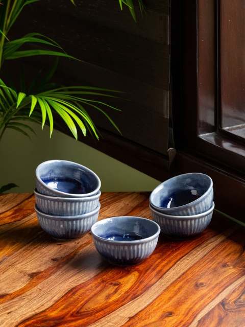 

ExclusiveLane Blue Set of 6 Textured Ceramic Glossy Bowls