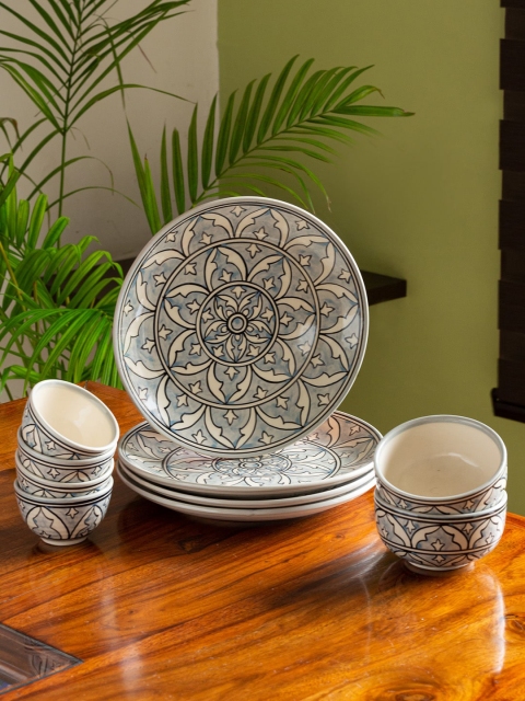 

ExclusiveLane Grey Printed 10 Pieces Hand-painted Ceramic Dinner Set