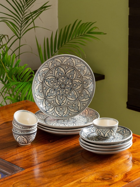 

ExclusiveLane Grey & Black Set of 12 Hand Painted Printed Ceramic Glossy Dinner Set