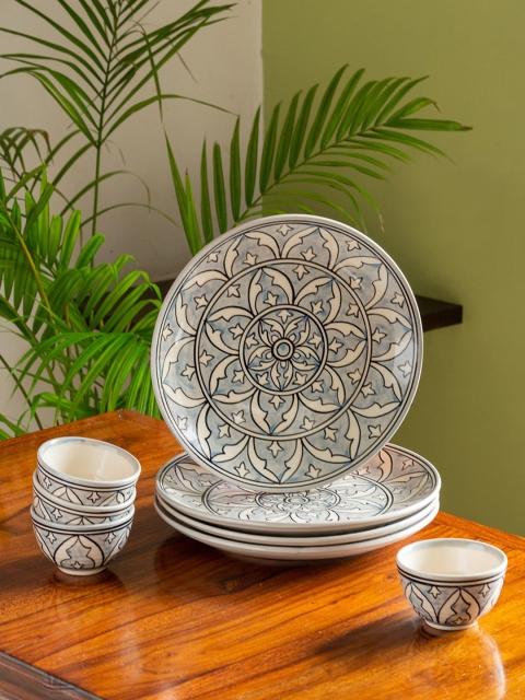 

ExclusiveLane Grey & Off White Set of 8 Printed Ceramic Dinner Set