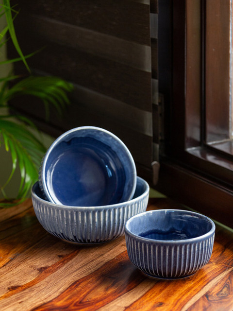 

ExclusiveLane Set Of 3 Blue Ceramic Serving Bowls