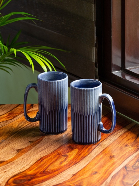 

ExclusiveLane Set Of 2 Blue Textured Ceramic Beer Mugs
