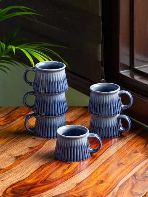 

ExclusiveLane Blue Set of 6 Textured Ceramic Glossy Cups