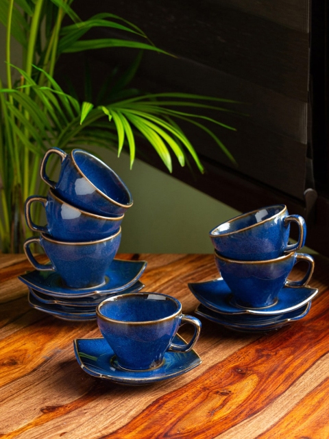 

ExclusiveLane Set Of 12 Blue & Brown Handcrafted Solid Ceramic Glossy Cups and Saucers