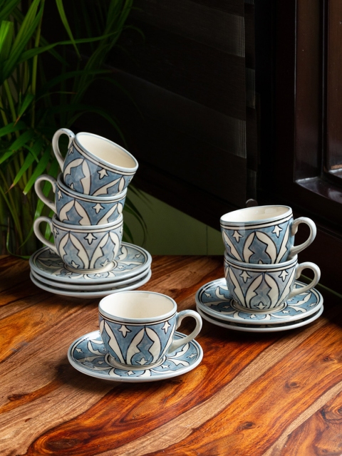 

ExclusiveLane Set Of 6 Grey & Black Hand Painted Printed Ceramic Glossy Cups with Saucers