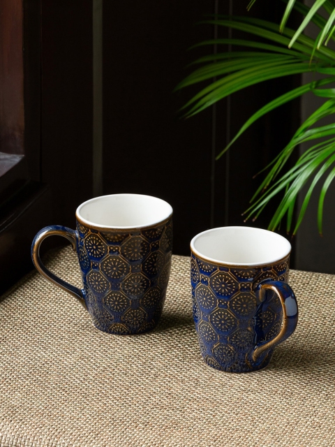 

ExclusiveLane Set Of 2 Blue Handcrafted Solid Ceramic Glossy Coffee Mugs
