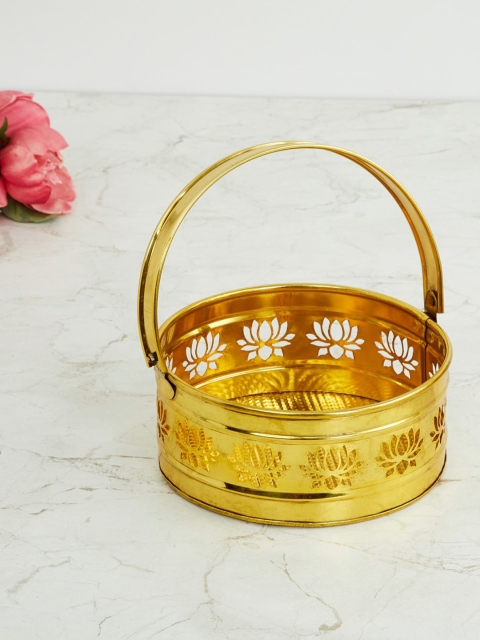 

Home Centre Gold-Toned Textured Metal Basket With Lotus Motif Showpiece