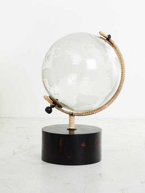 

Home Centre White & Black Printed Glass Globe With Wooden Base Showpiece