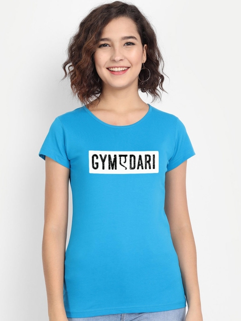 

BE AWARA Women Turquoise Blue & White Typography Printed Pure Cotton T-shirt