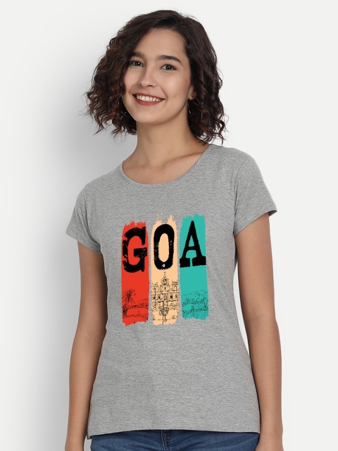 

BE AWARA Women Grey Melange Red Typography Printed Cotton Pure Cotton T-shirt