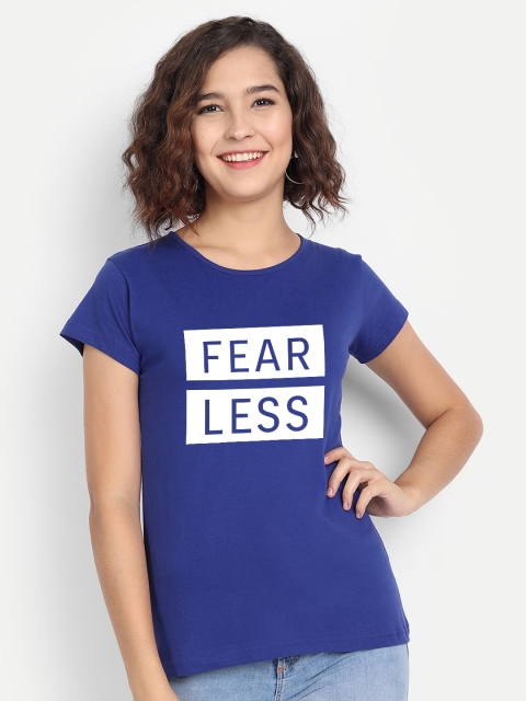 

BE AWARA Women Blue White Typography Printed Pure Cotton T-shirt