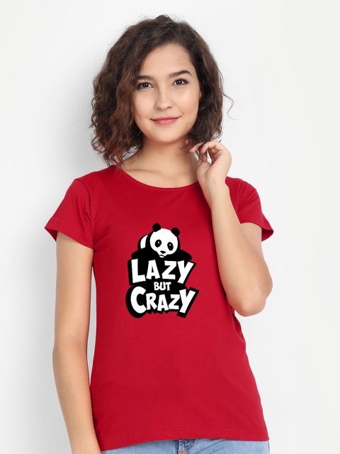 

BE AWARA Women Red White Typography Printed Pure Cotton T-shirt